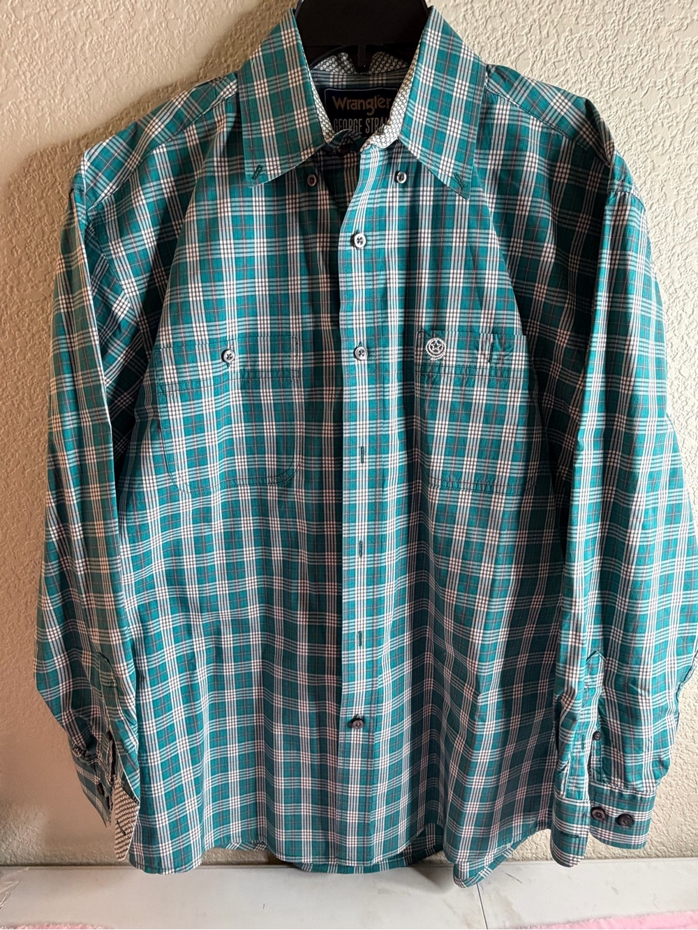 Wrangler Teal and White Plaid Button-Down Shirt